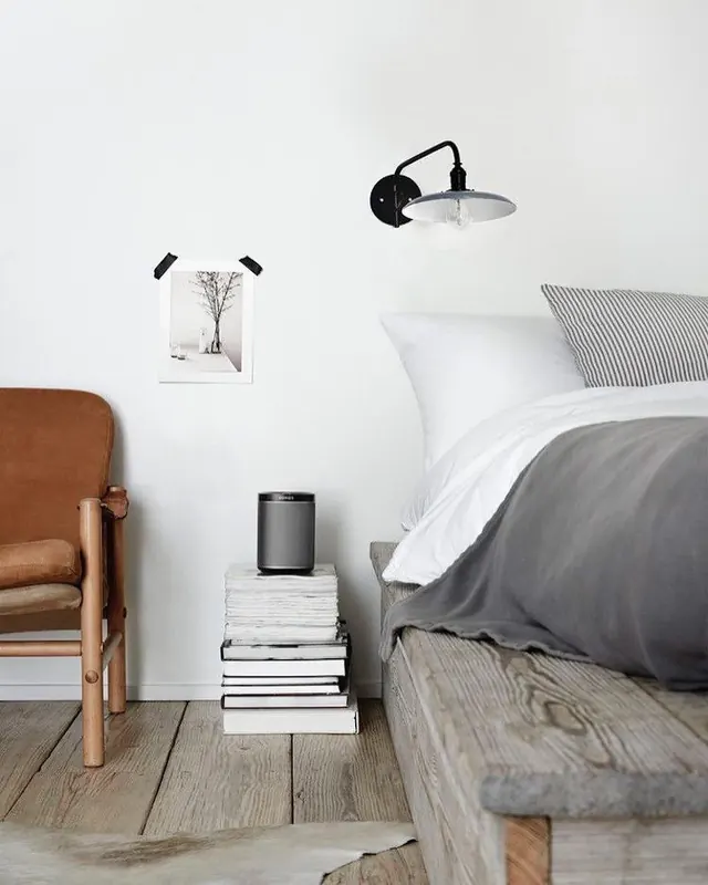 Minimalist bedroom interior with mid-century furniture, minimal, light-mode, light