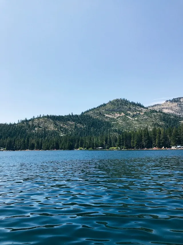 Alpine lake and forested shoreline landscape, photographic, minimal, cool