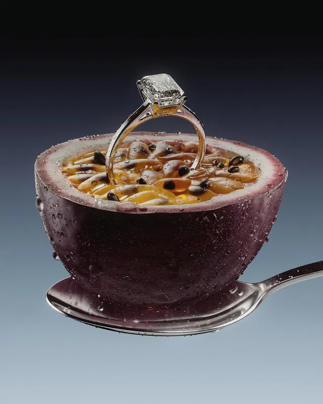 Diamond ring in plated dessert, luxury, photographic, warm