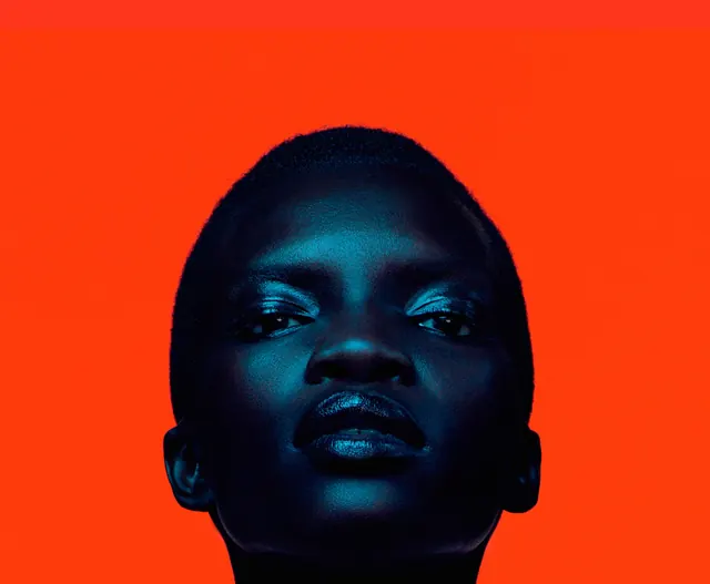 High-contrast portrait with color split, photographic, 3d-render, vibrant
