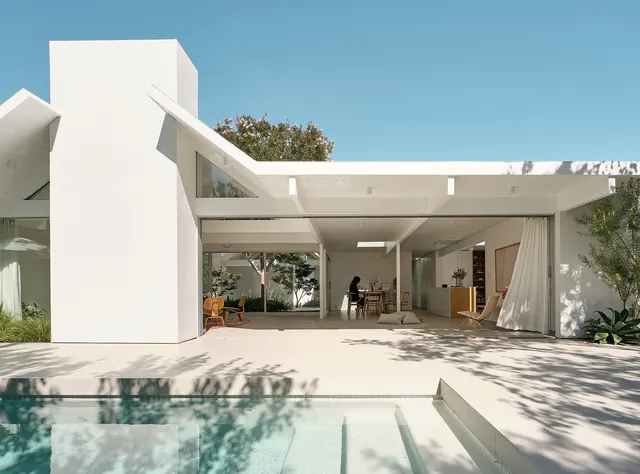 Modernist residential courtyard architecture, minimal, corporate-clean, light