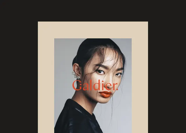 Galdier portrait with red text overlay, photographic, editorial, light