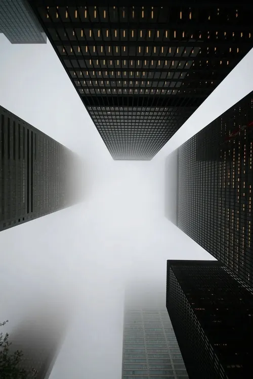 Upward architectural perspective, photographic, technical, light