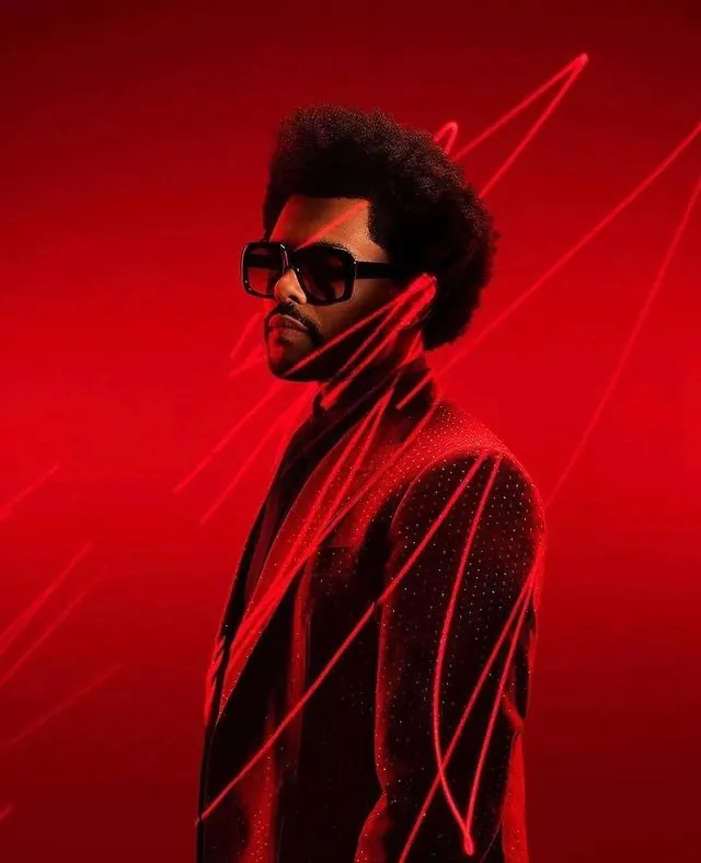 Portrait with geometric light streaks and sunglasses, photographic, editorial, vibrant