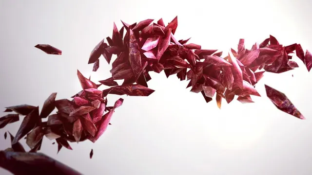 Floating magenta paper shards against white, abstract, photographic, vibrant