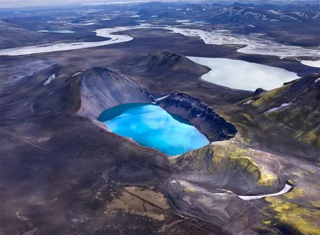 Aerial landscape with turquoise crater lake, photographic, cool