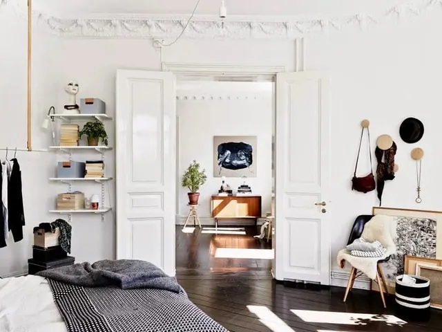 Scandinavian bedroom with open layout interior, minimal, corporate-clean, light