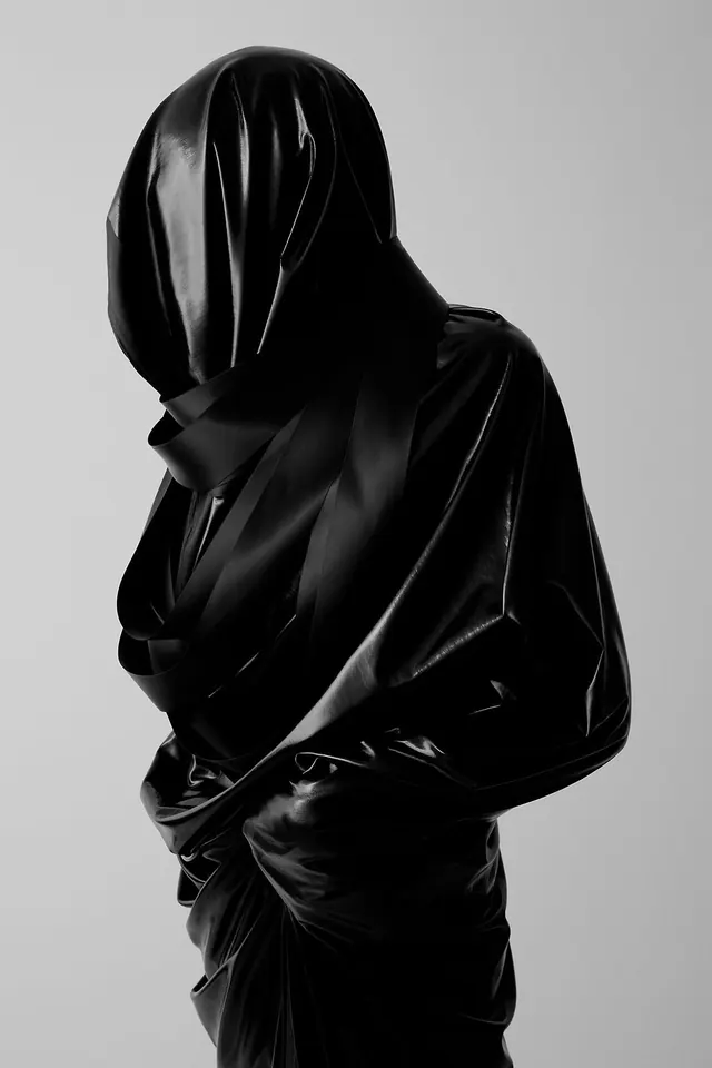 Figure wrapped in dark fabric portrait, photographic, minimalist, monochrome