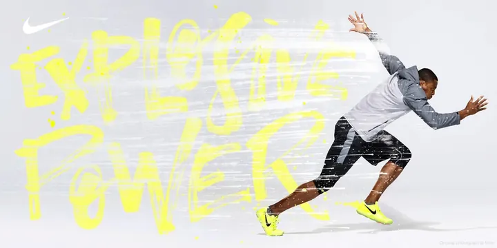 Nike athlete dynamic pose with yellow typography, photographic, technical, light