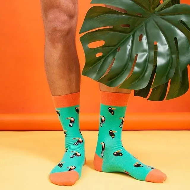 Colorful toucan patterned socks product shot, playful, photographic, vibrant