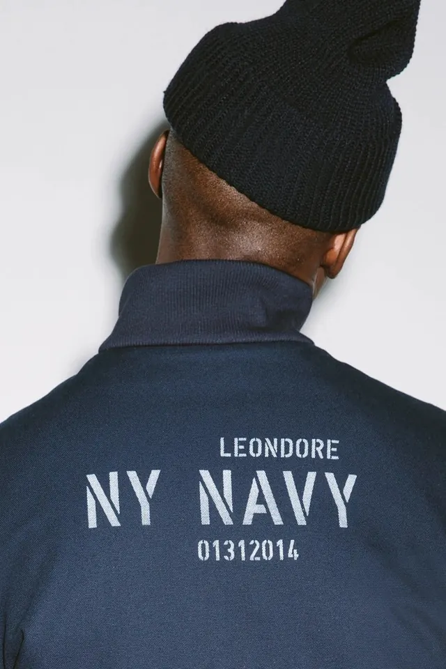 Navy bomber jacket with branding back print, photographic, minimal, dark