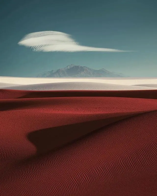 Desert landscape with surreal color grading, photographic, editorial, cool
