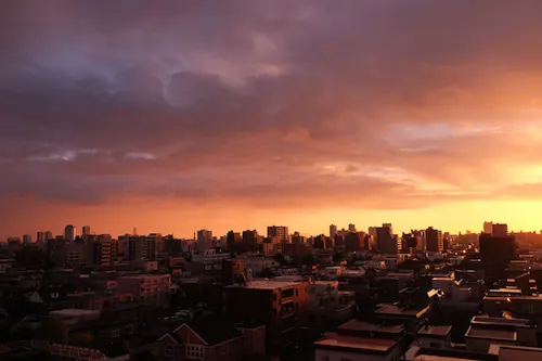 Sunset Sky Landscape Over Urban Horizon, photographic, organic, warm