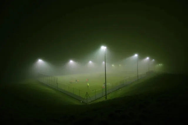 Atmospheric Foggy Football Field, photographic, atmospheric, dark