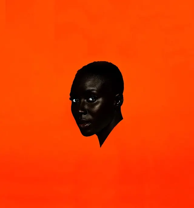 High-contrast portrait with vibrant orange background, minimal, photographic, vibrant