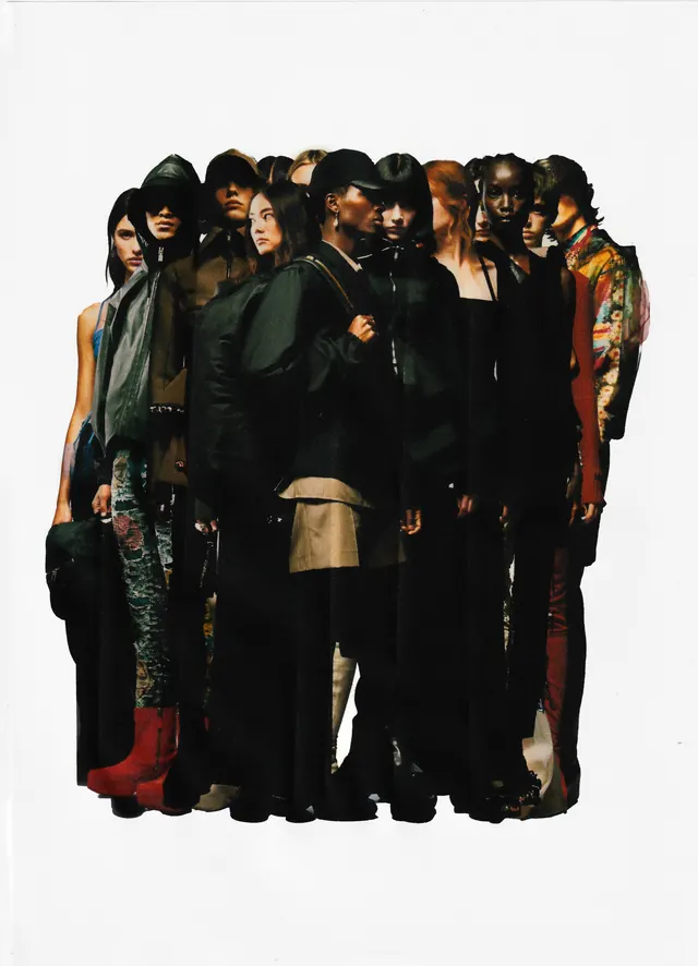 Group portrait of diverse figures in dark clothing, photographic, editorial, dark