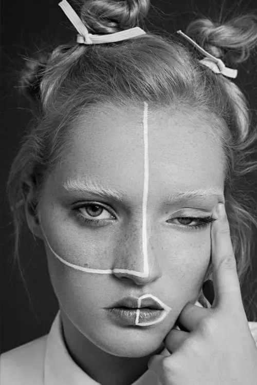 High-contrast black and white portrait with geometric tape, editorial, monochrome, monochrome