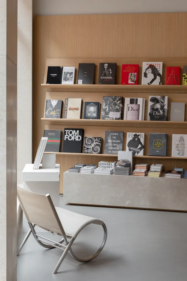 Minimal retail storefront interior with clean typography, minimal, swiss, light