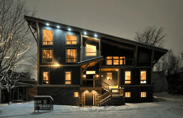 Modern architecture night exterior, photographic, architectural, warm