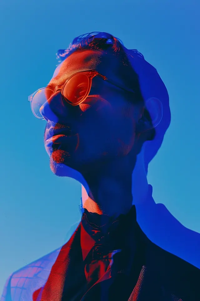 Bold color-split portrait with complementary lighting, photographic, technical, vibrant