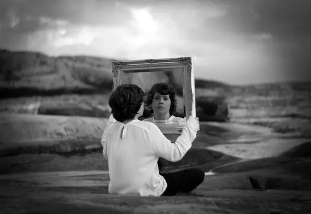 Surreal mirror self-portrait landscape, photographic, surreal, monochrome