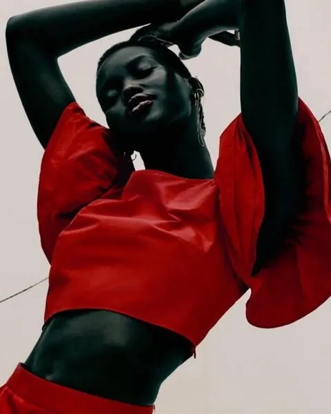 Monochromatic silhouette fashion portrait with red accents, editorial, photographic, dark