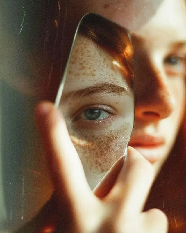 Intimate portrait fragment—face reflected in metallic curved surface, photographic, editorial, warm