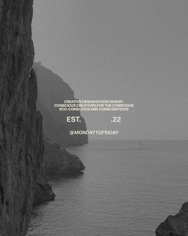 Monochrome coastal landscape with brand typography overlay, photographic, editorial, monochrome