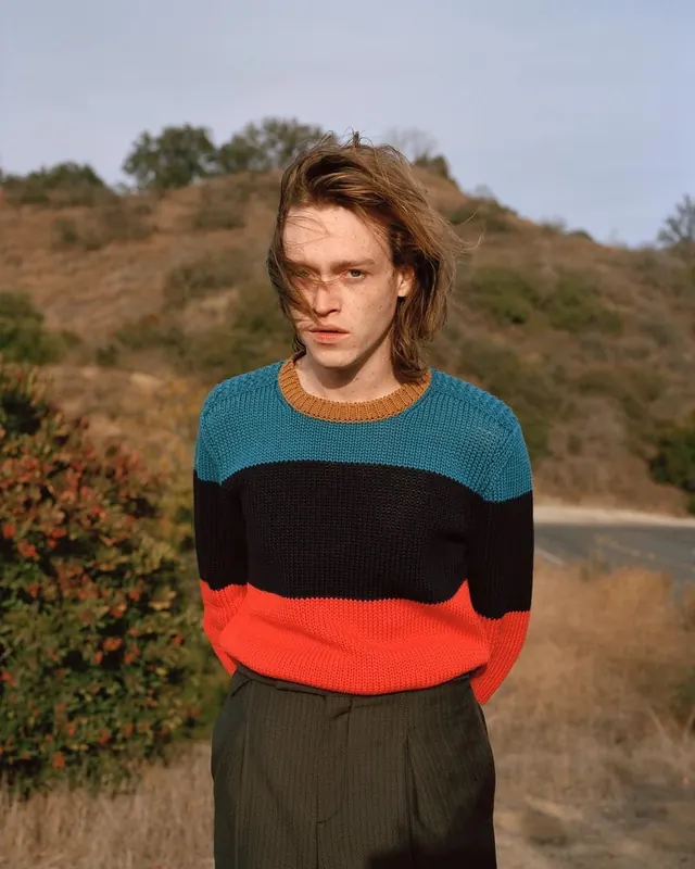 Colorful Striped Sweater Portrait in Desert Landscape, photographic, warm, warm