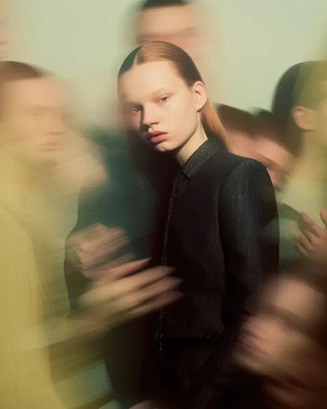 Portrait of young woman with motion blur figures, photographic, illustrative, warm