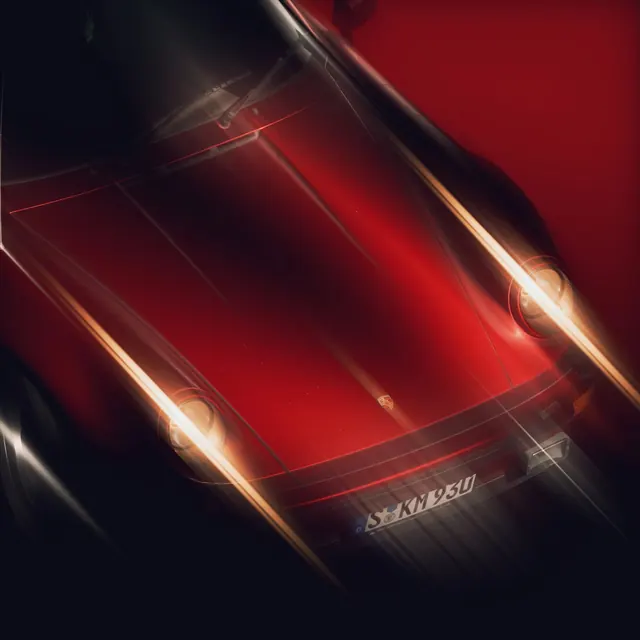 Red sports car interior detail with headlights, photographic, 3d-render, vibrant