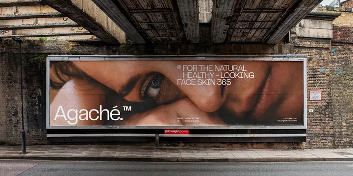 Agaché" skincare brand billboard with portrait photography, photographic, minimal, warm