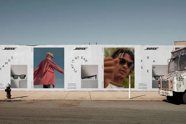 Bose Frames" outdoor billboard advertising campaign, photographic, minimal, vibrant