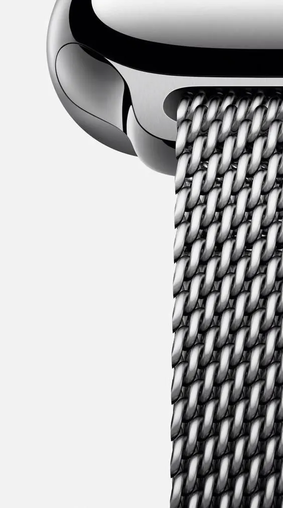 Apple Watch mesh band product detail, photographic, minimal, light