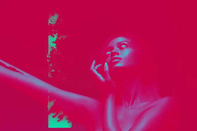 Cyan and magenta portrait with glitch effect, vibrant, digital, vibrant