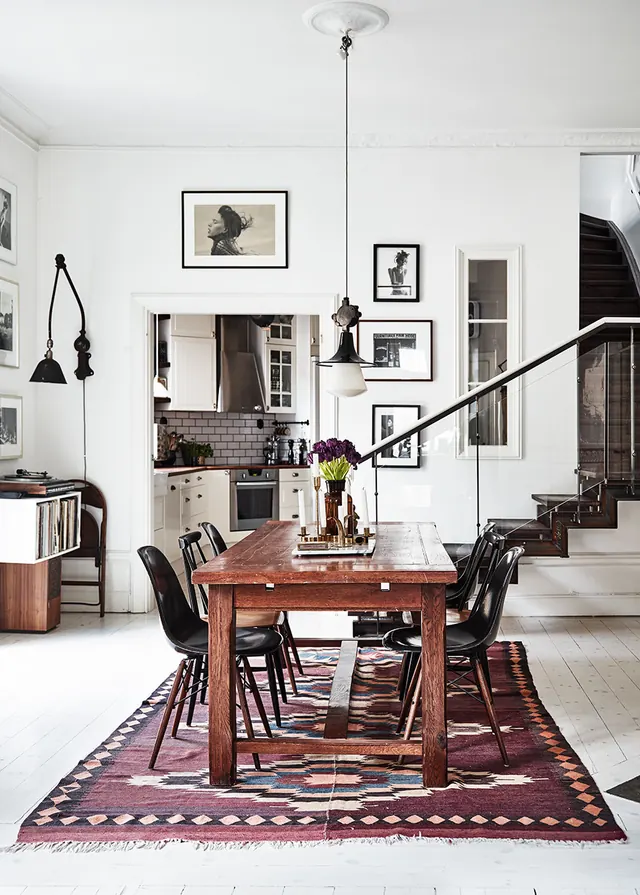 Scandinavian Dining Interior with Wood Table and Textiles, photographic, minimal, light