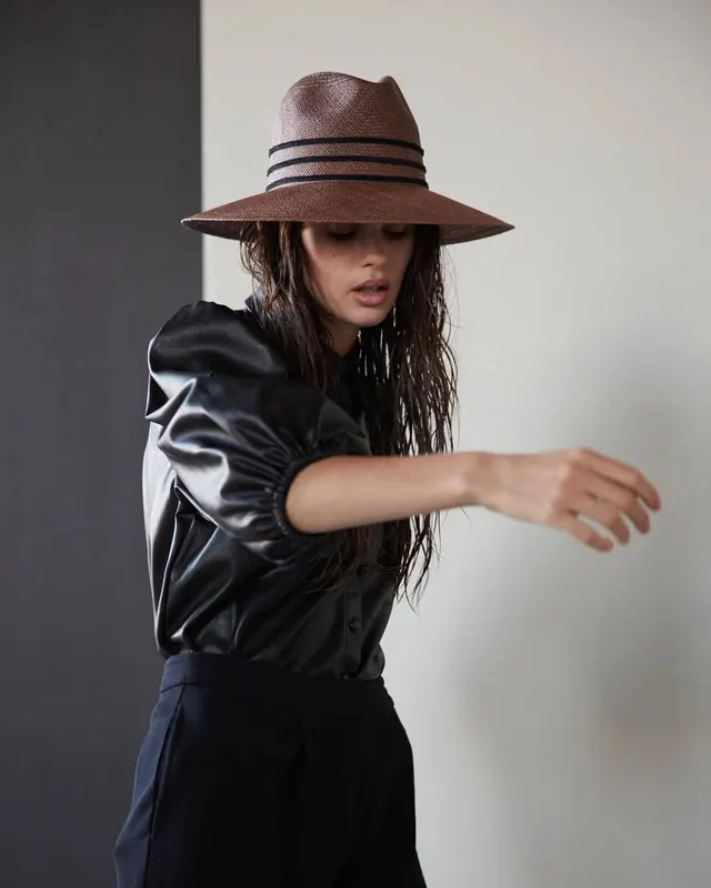 Fashion Portrait with Wide-Brim Hat, photographic, minimalist, dark