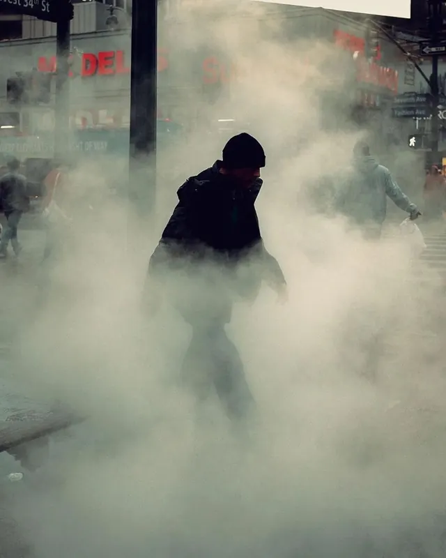 Atmospheric Smoke and Urban Street Scene, photographic, editorial, monochrome