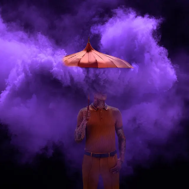 Figure with umbrella in vivid purple smoke, photographic, surreal, vibrant