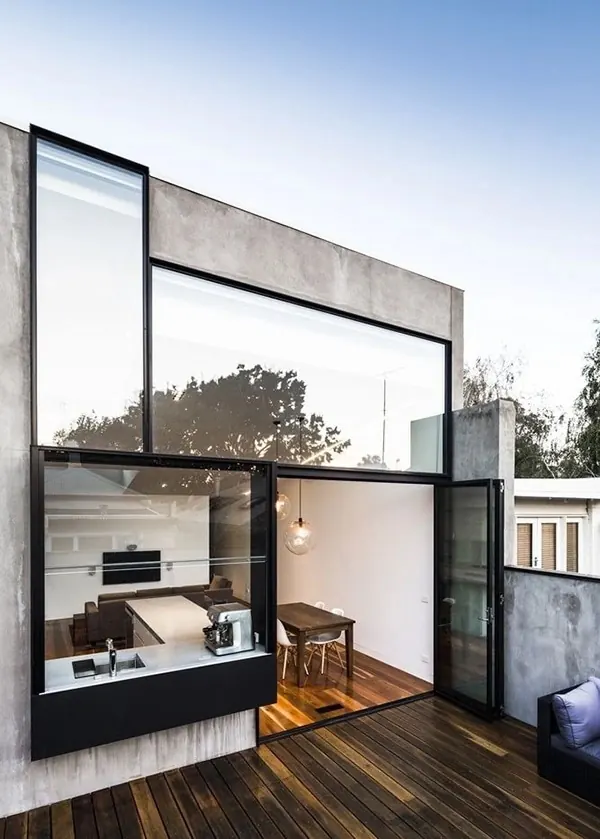 Modern open-plan architecture with glass facade, photographic, minimal, light