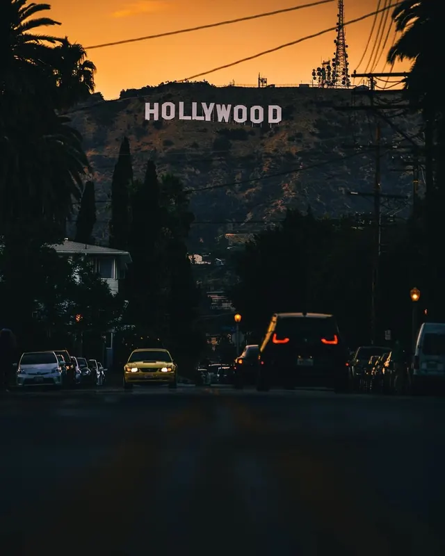 Hollywood sign landscape photography at dusk, photographic, warm