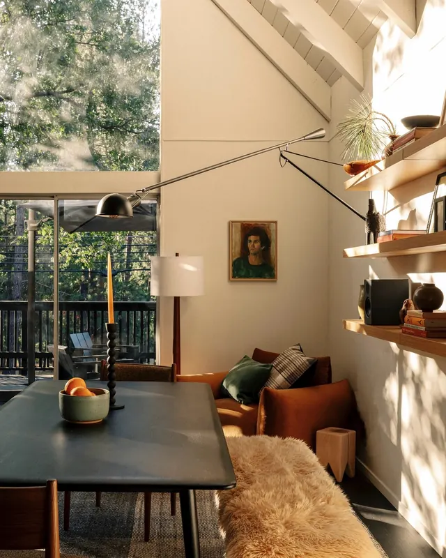 Mid-century interior with forest view, photographic, minimalist, warm