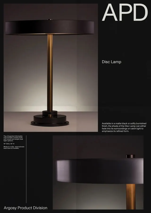 APD Disc Lamp product photography, photographic, minimalist, dark