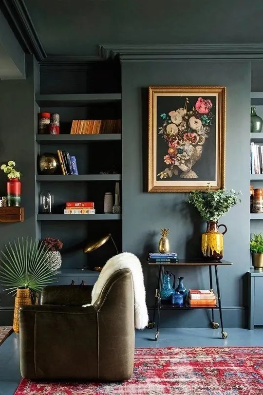 Teal shelving interior with collected objects, photographic, maximalist, dark