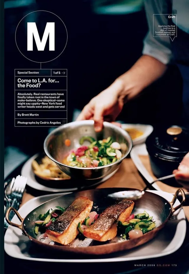 Food editorial magazine spread with restaurant photography, photographic, editorial, warm