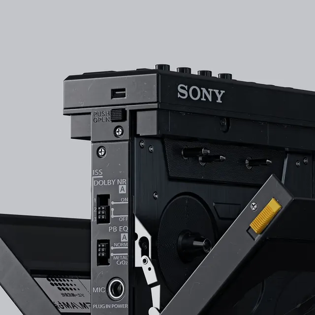 Vintage Sony camera close-up detail shot, photographic, technical, monochrome
