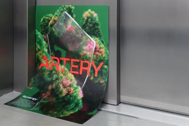 Artery poster mockup on textured green ground, organic, abstract, vibrant