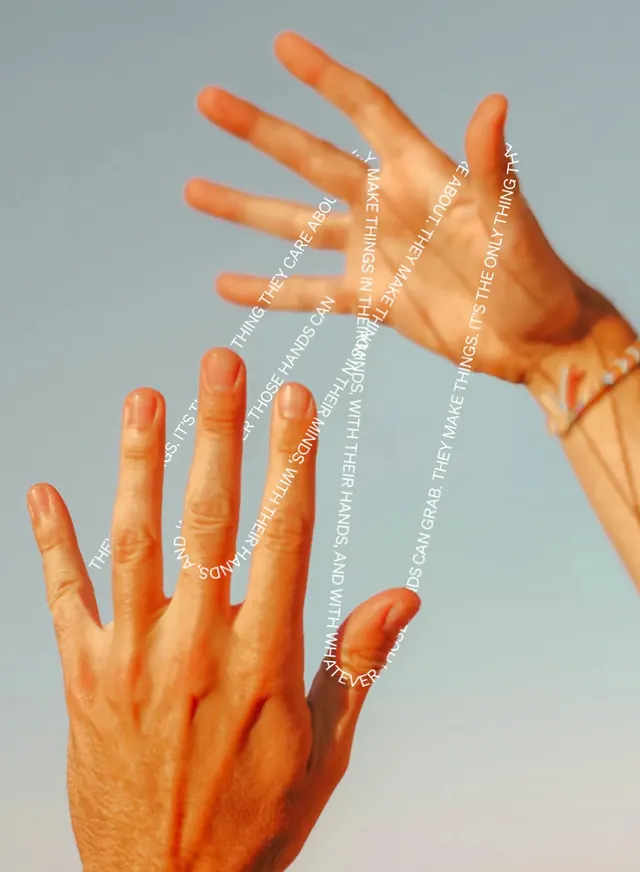 Conceptual photograph with hands and overlaid typography, photographic, editorial, muted