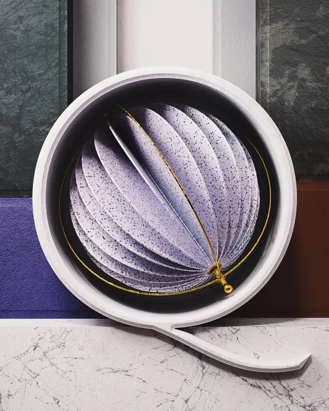 Sculptural 3D letterform Q with fan-fold texture, 3d-render, abstract, muted