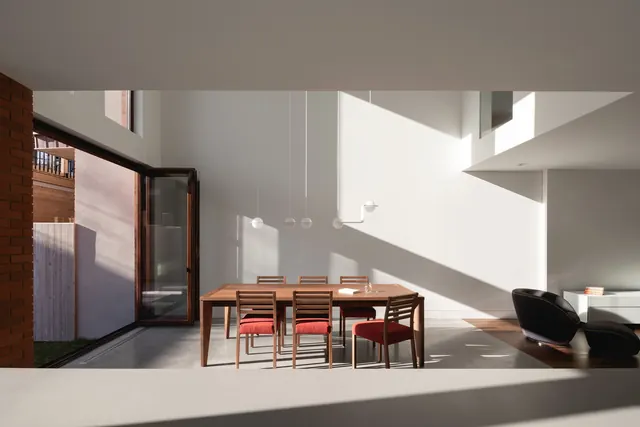 Modern interior dining space with brick wall, photographic, minimal, light